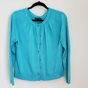 New York & Co. turquoise cardigan, sparkly buttons